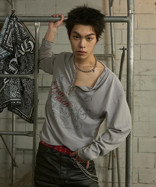 LANARCHIVE [0108] Rivet Henley Neck Zipper Long Sleeve - Gray