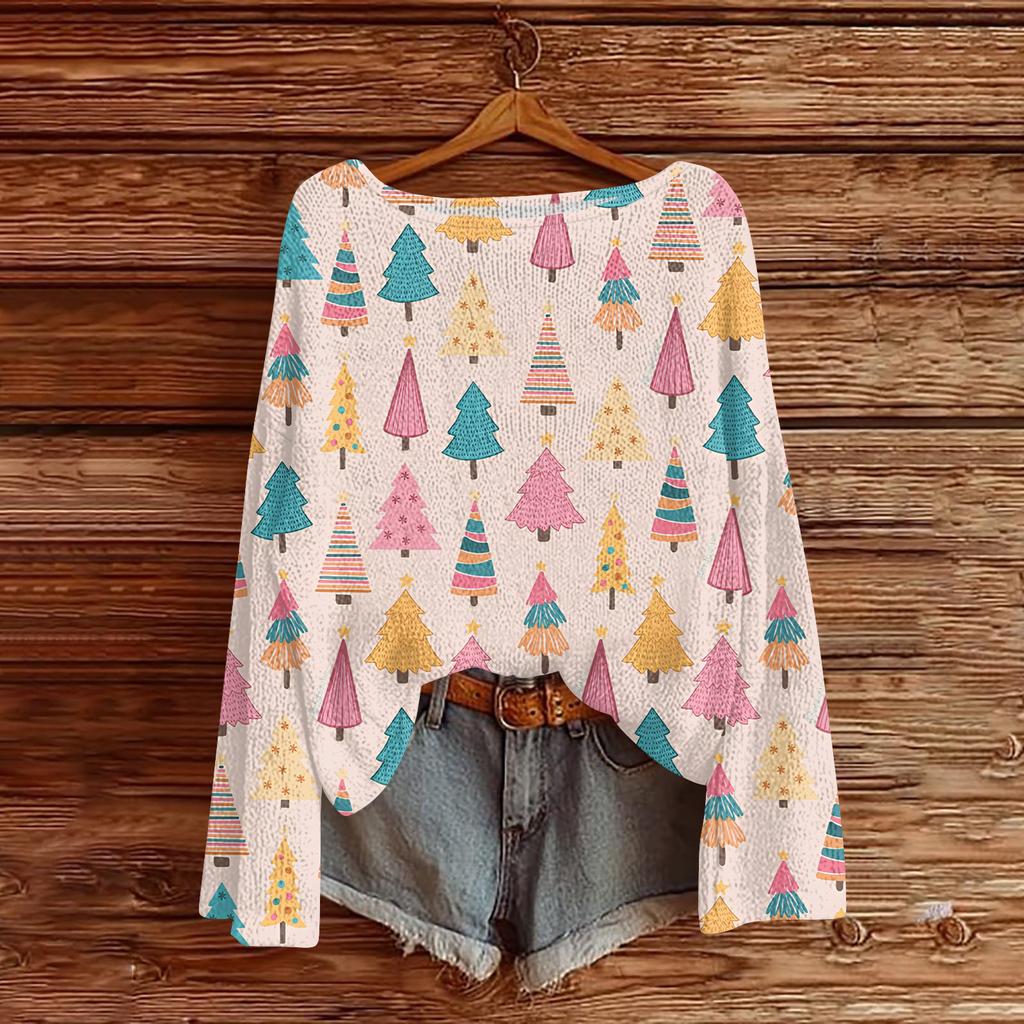 Women's Fashionable Oversized Knitwear Long-Sleeved Christmas Print Top