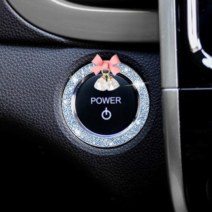 Crystal Bow Bell Engine Ignition Onekey Start Stop Push Button Switch Protective Cover Bling Girls Auto Accessories Car Decor