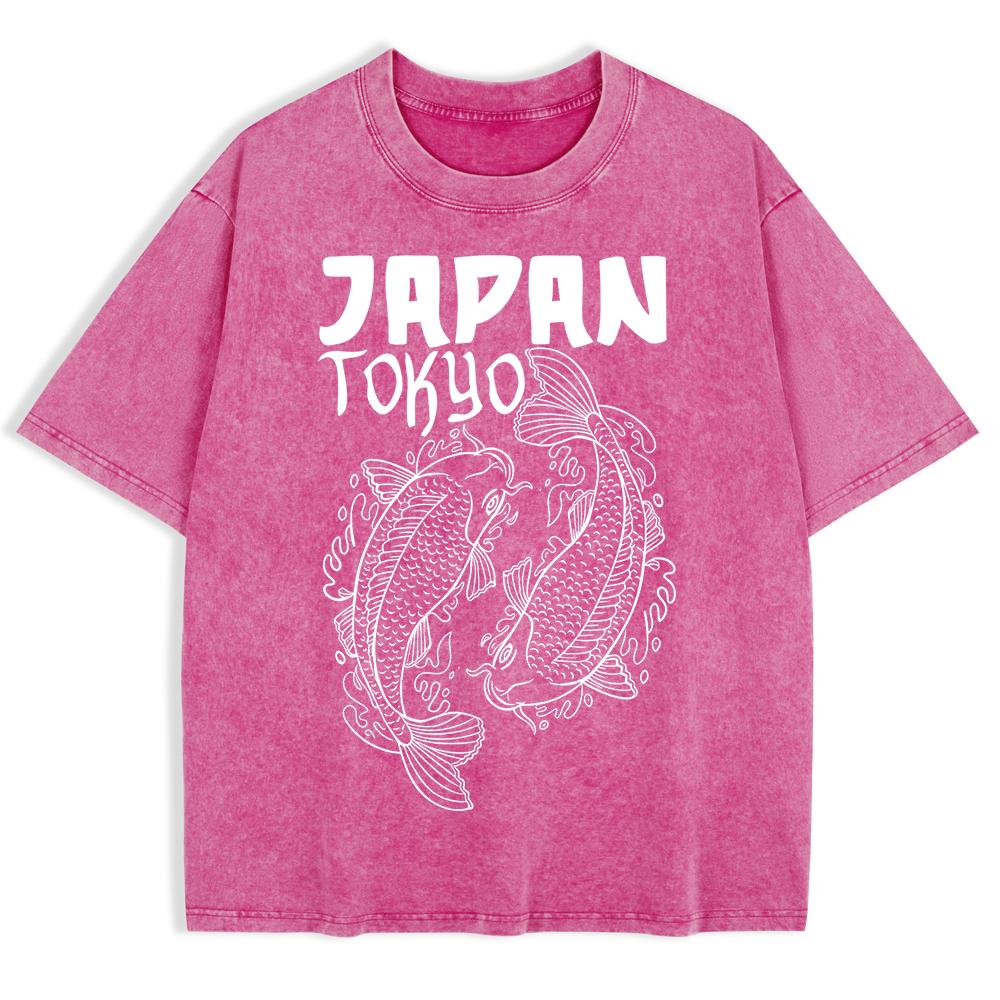 Japanese Koi Harajuku Printed Washed T-Shirts Mens Cotton Oversize T Shirt Summer O-Neck Short Sleeve Tops Clothes