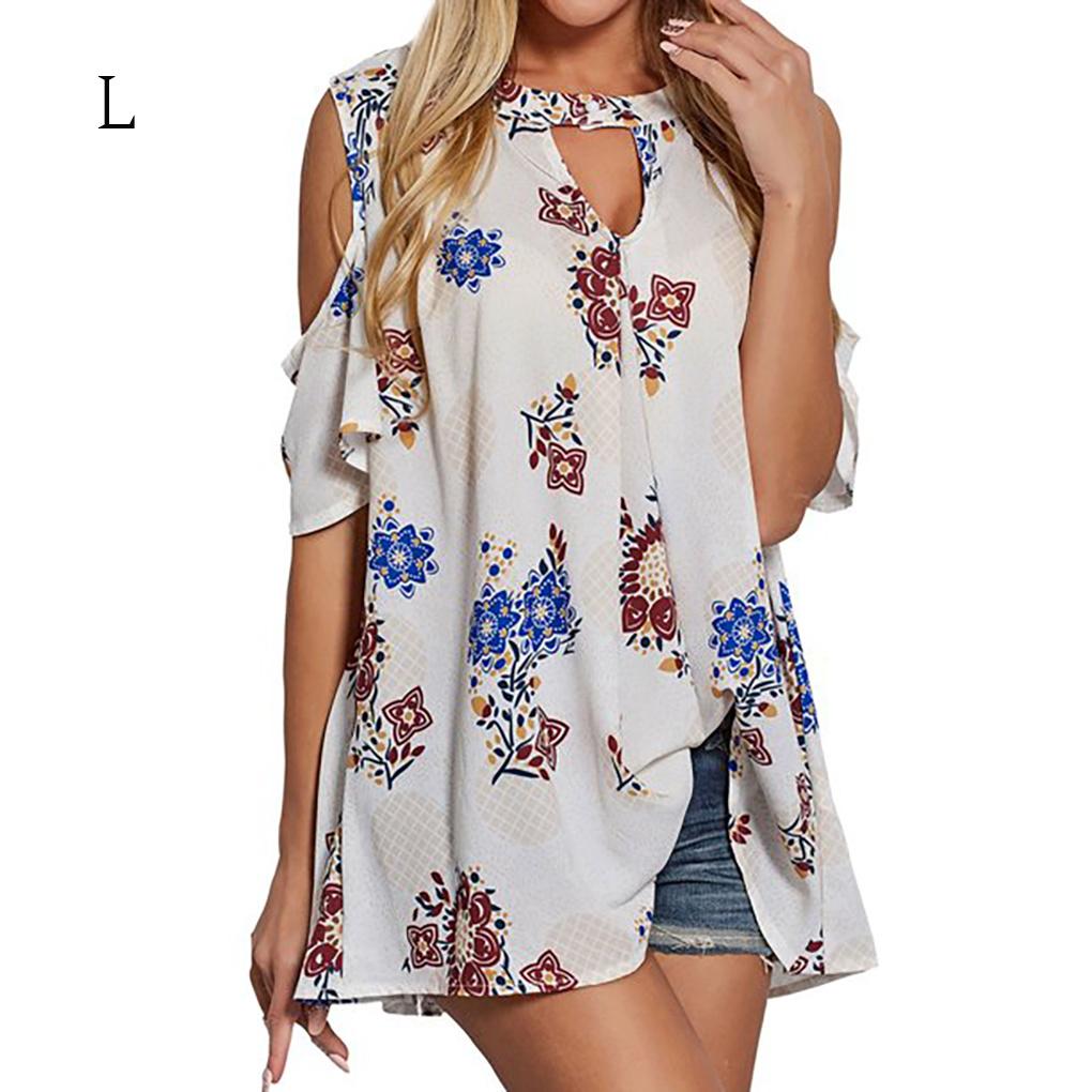

Women Round Neck Cut Out Short Sleeve Cold Shoulder Print Shirt l