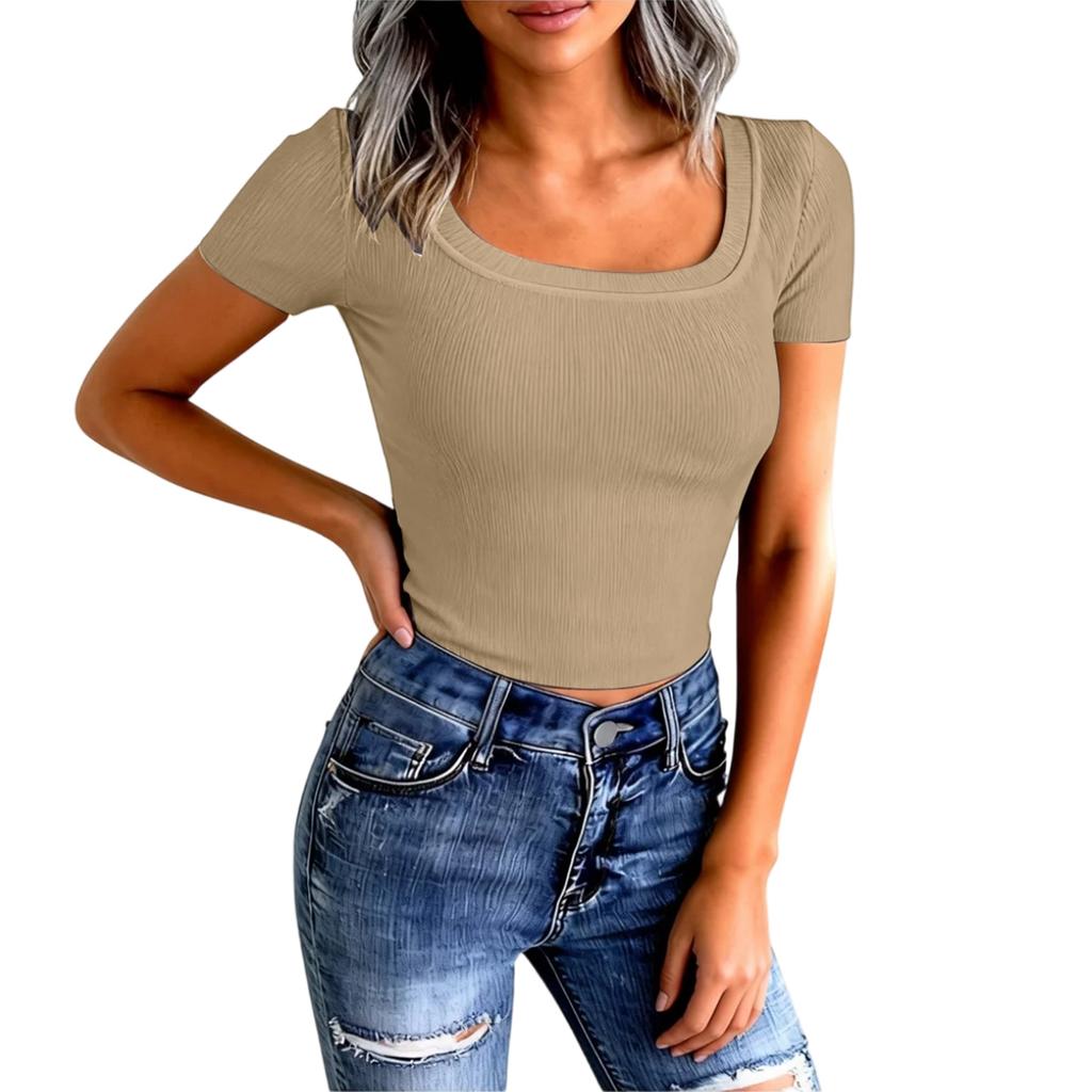 Women's Ribbed Slim Fit Sexy U-Neck Casual T-Shirt