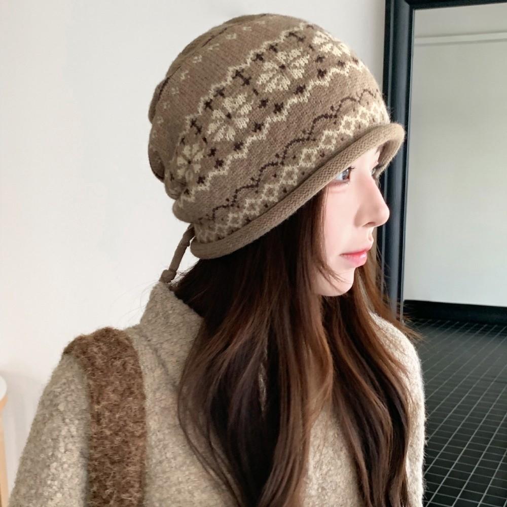 Drawstring Roll Brim Knit Beanie Fair Isle Pattern Beanie Retro Slouchy Hat Autumn Winter