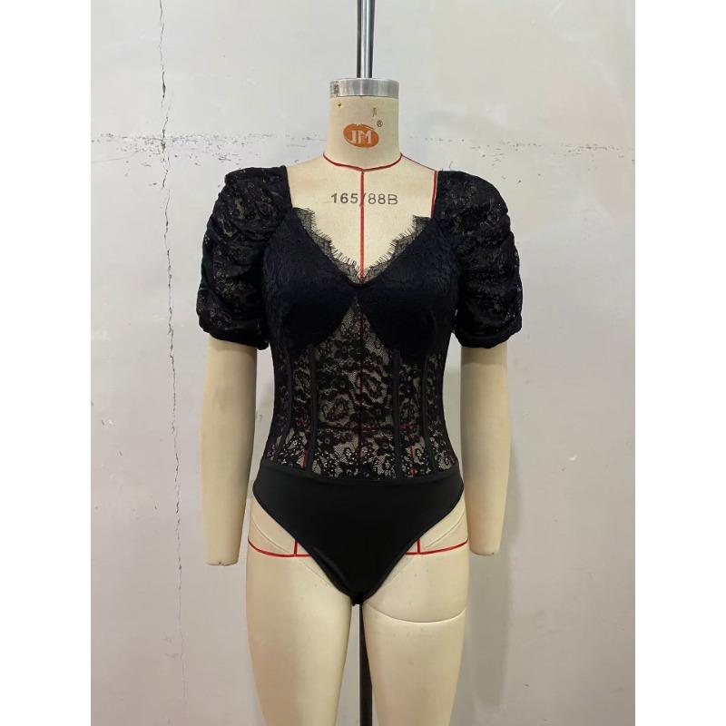 Women's Retro Romantic Sexy Lace Lace Deep V-neck Solid Color Puff Sleeve Bodysuits