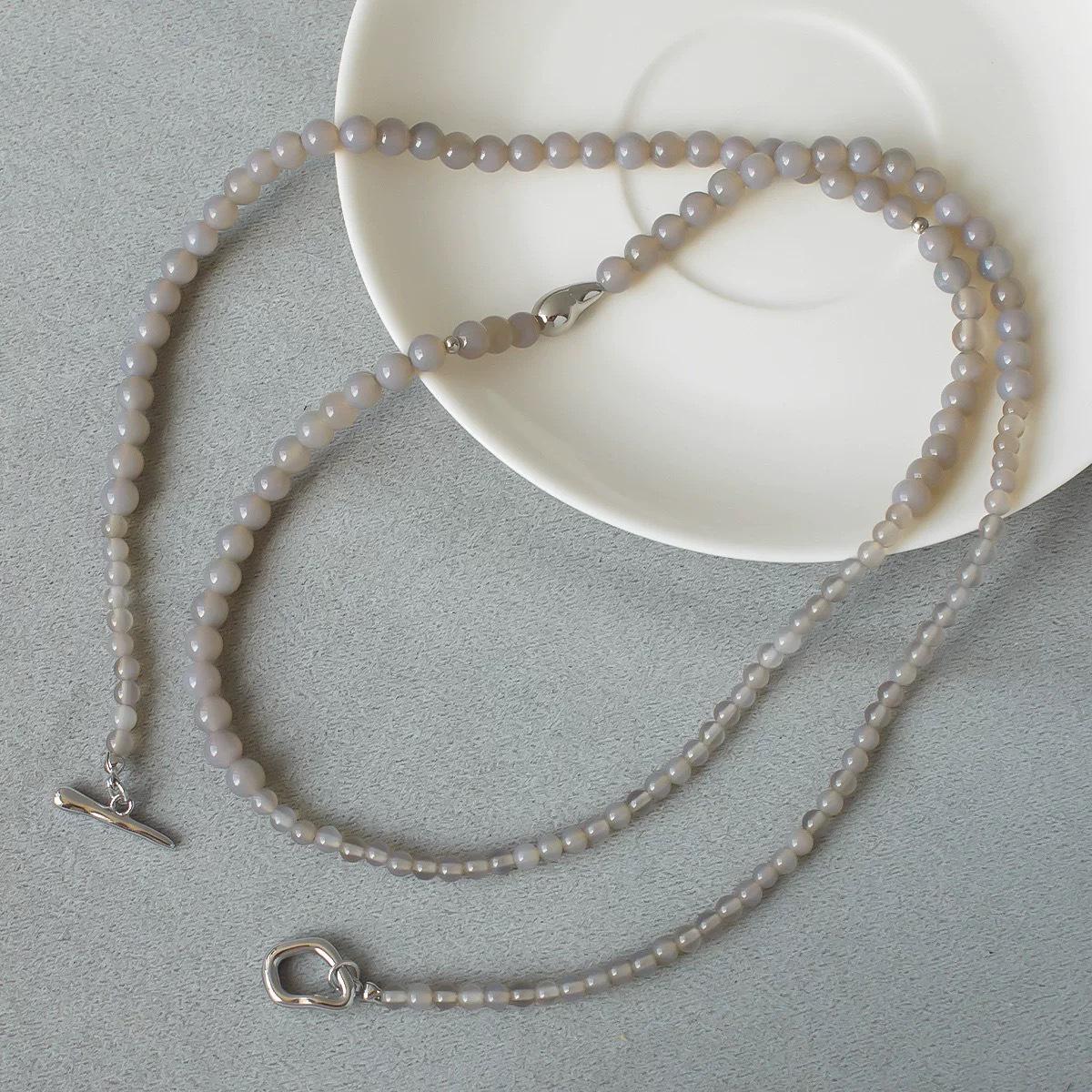 

Ожерелье из серого агата в форме капли с покрытием из белого золота - Роскошная бисерная цепочка-свитер