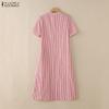 ZANZEA S-5XL Women V-Neck Short Sleeve Loose Casual Striped Shirts Dress