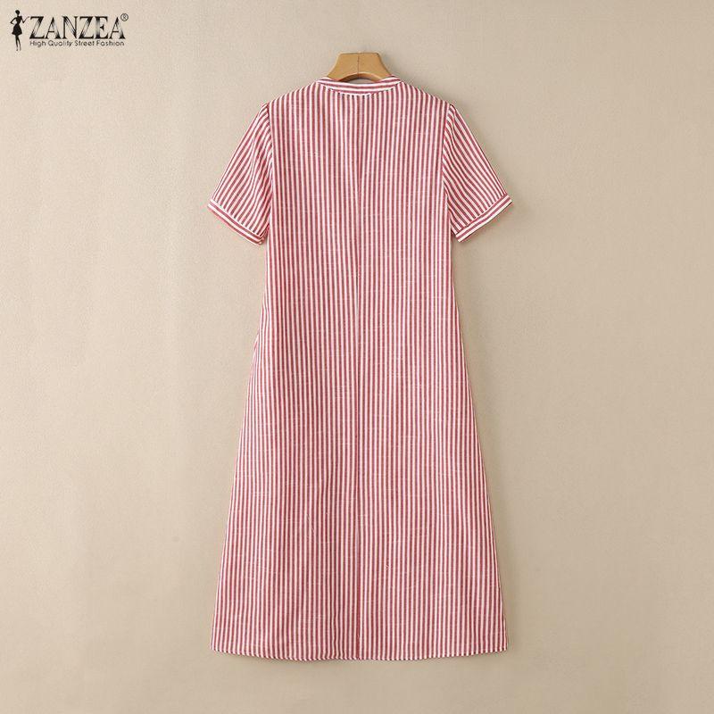 ZANZEA S-5XL Women V-Neck Short Sleeve Loose Casual Striped Shirts Dress