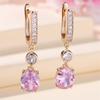Pink Crystal Oval Stone Pendant White Zircon Hoop Earrings For Women Gold Color Ear Buckle Wedding Jewelry Engagement Party Gift
