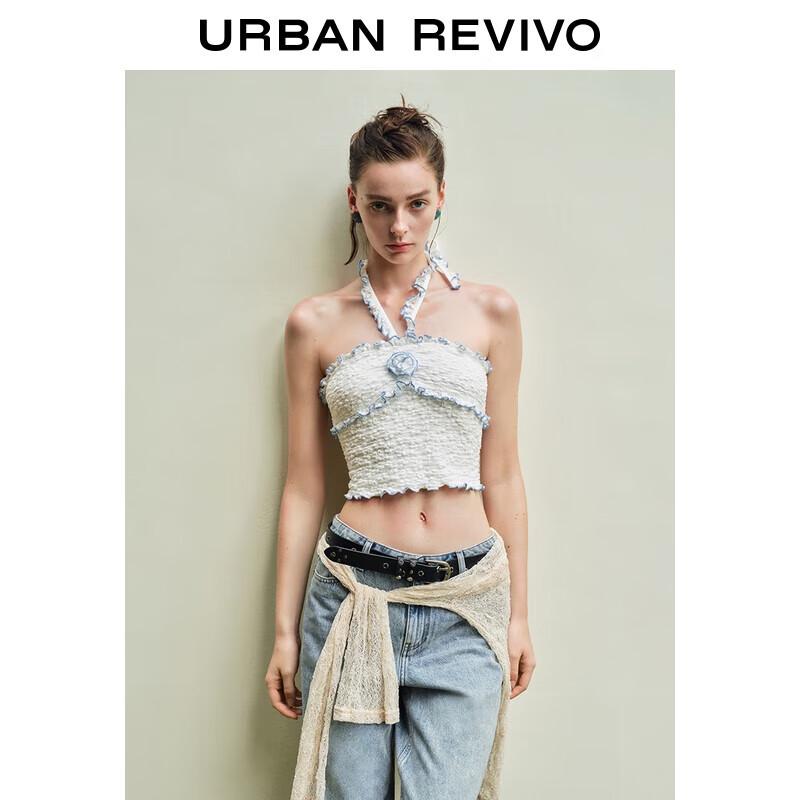 Sweet Textured Embroidered Floral Lace-Up Bandeau Top S