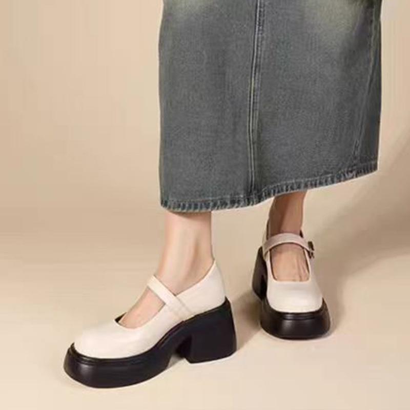 Light Man Home Mary Jane Women's Shoes New One-word Belt Platform Heel High Heels Leather British Style Small Leather Shoes