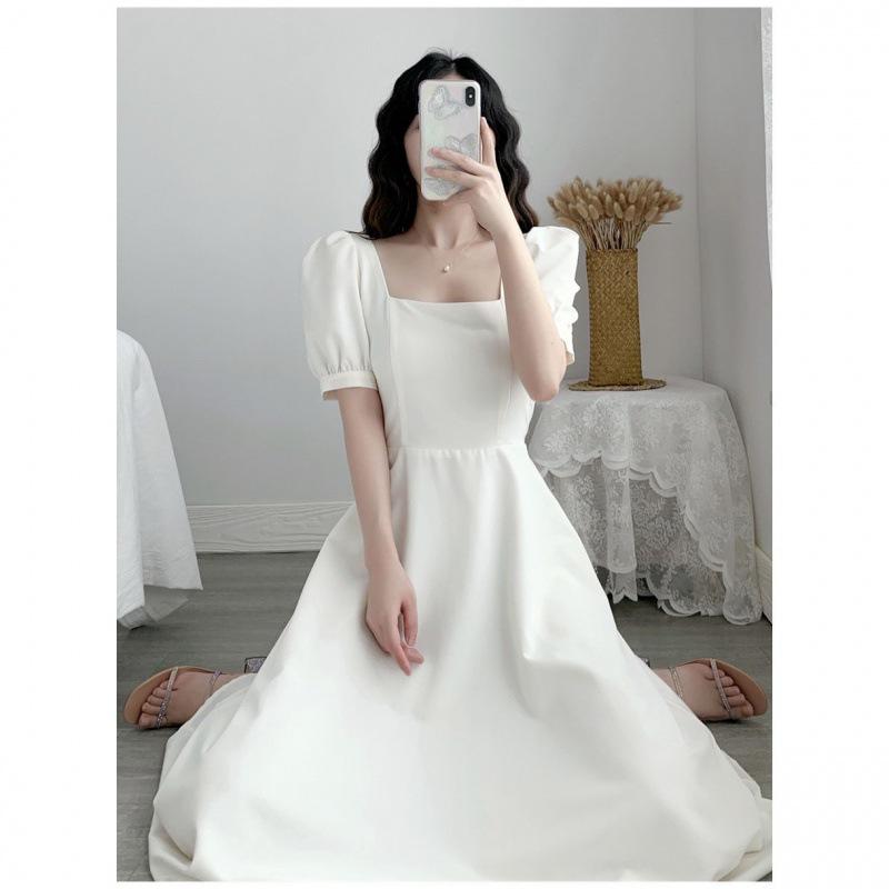 White Hepburn-Inspired Bubble Sleeve Square Neck Summer Dress for Women