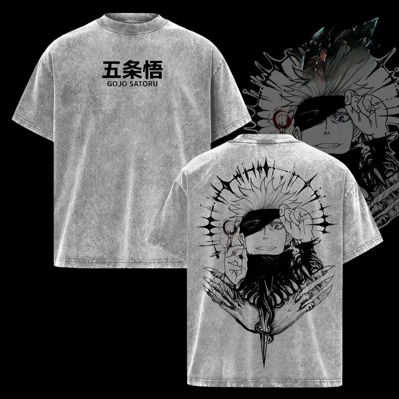 Gojo Satoru Jujutsu Kaisen Clothing Men Short Sleeve Manga T-shirts Retro Washed T Shirt Casual Cotton Tee Harajuku Male Tshirt