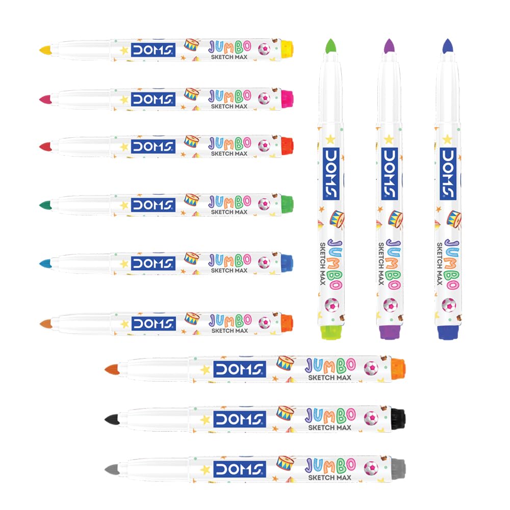 Doms Jumbo Sketch Max 12 Shades Fine Tip Sketch Pens Set 0.5 Mm For Kids School Art Home Coloring Drawing Supplies