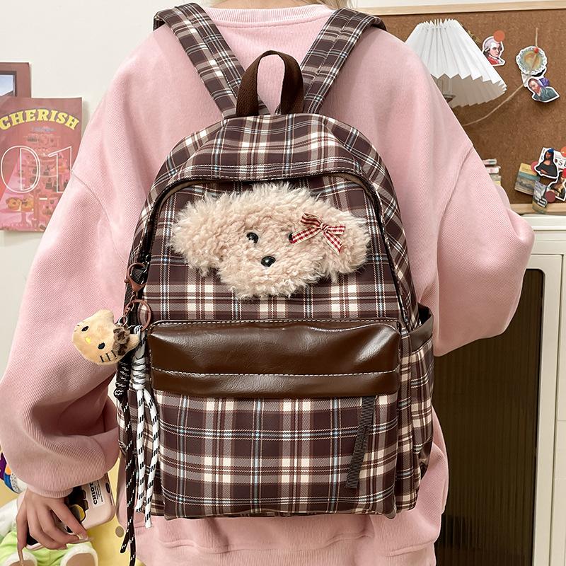 Schoolbag Vintage College Style Plaid Puppy School Bag ins Versatile Girls High Value College Students Class Backpack Backpack
