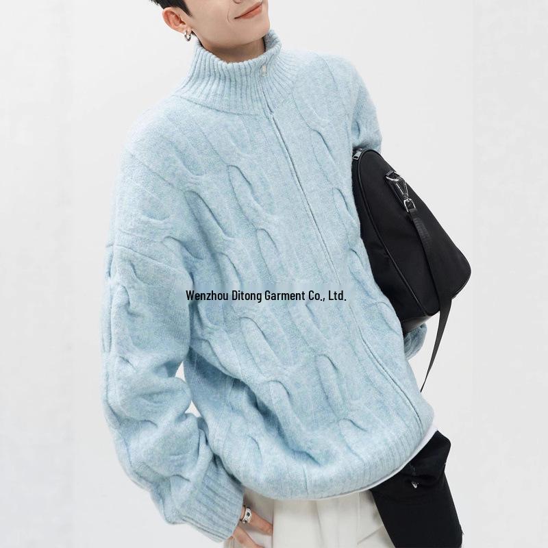 

Unisex American Retro Cable Knit Cardigan - Half-High Collar, Winter Casual Zipper Sweater Triple XL синій