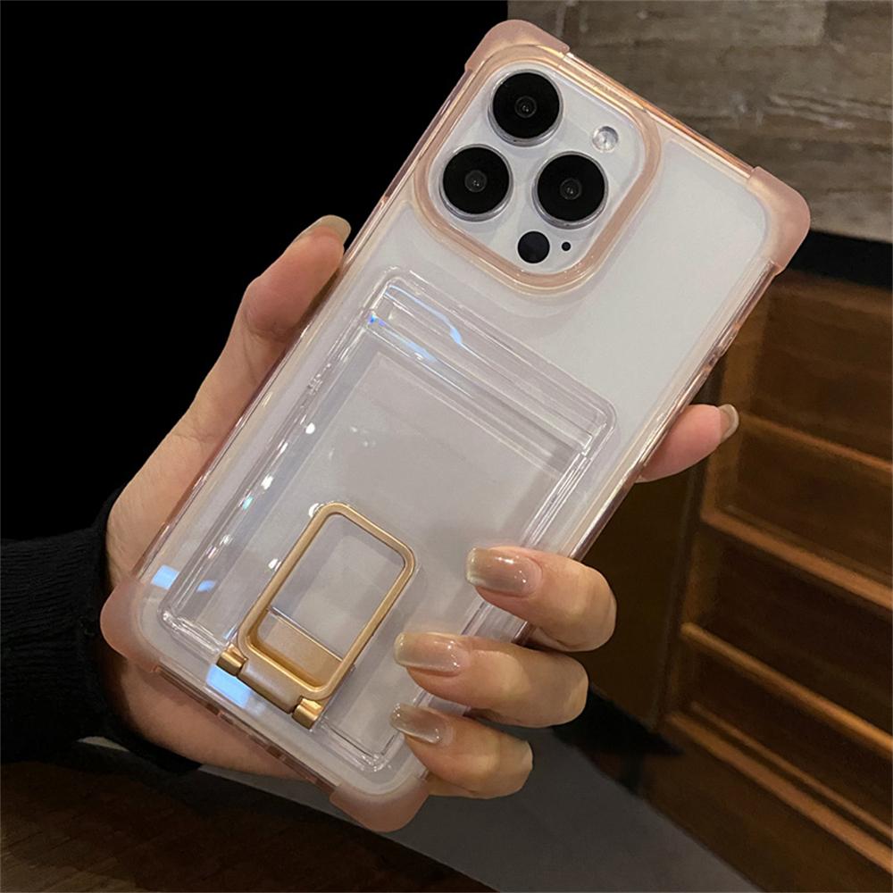 

Роскошный прозрачный кошелек с держателем для карт, чехол-подставка для iPhone 16 11 12 13 14 15 Pro Max Plus, прозрачный матовый противоударный чехол For iPhone 16 ProMax&Case & Holder розовый