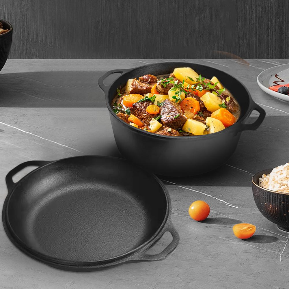 2 In 1 Cast Iron Dutch Oven with Skillet Lid Dutch Oven Pot with Dual Handles for Bread Frying Baking Camping BBQ Cookware Pan