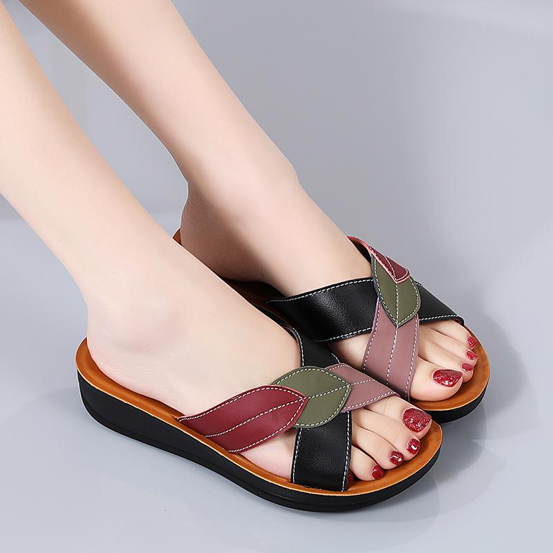 Summer Women Sandals Leather Slope Heel Home Slippers Comfortable Mom Shoes Casual Indoor Outdoor