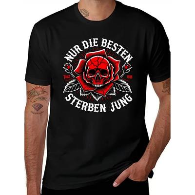 Men'S T-Shirt with German Text "Die Besten Sind Unter Dir Best Are You" - Red Printed Skull Rose, Casual Summer Bohemian Style for Fans Merchandise