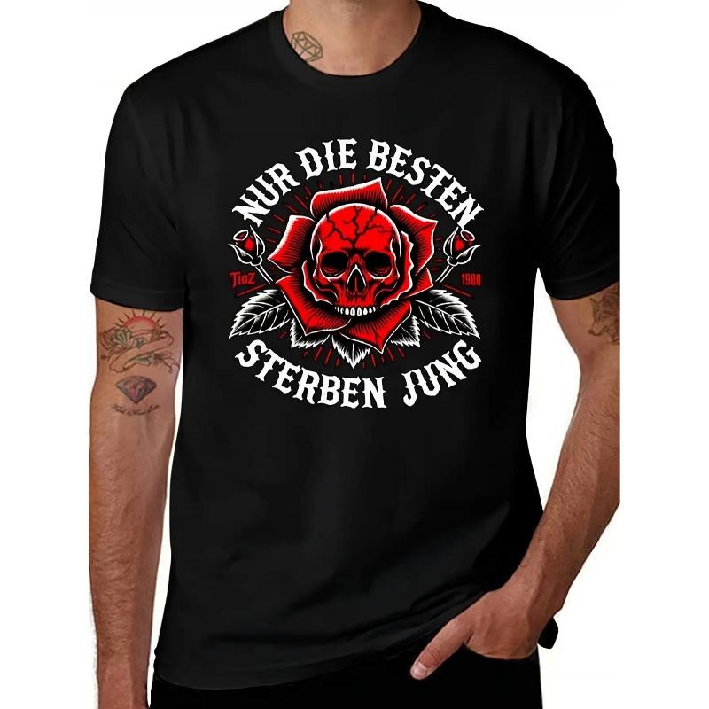 Men'S T-Shirt with German Text "Die Besten Sind Unter Dir Best Are You" - Red Printed Skull Rose, Casual Summer Bohemian Style for Fans Merchandise