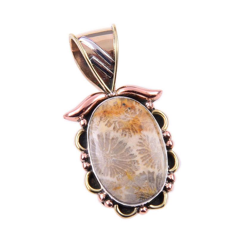 Natürliche Fossilkoralle 925 Sterlingsilber massiv Zweifarbig Geschenk Anhänger 1,25" m6H94