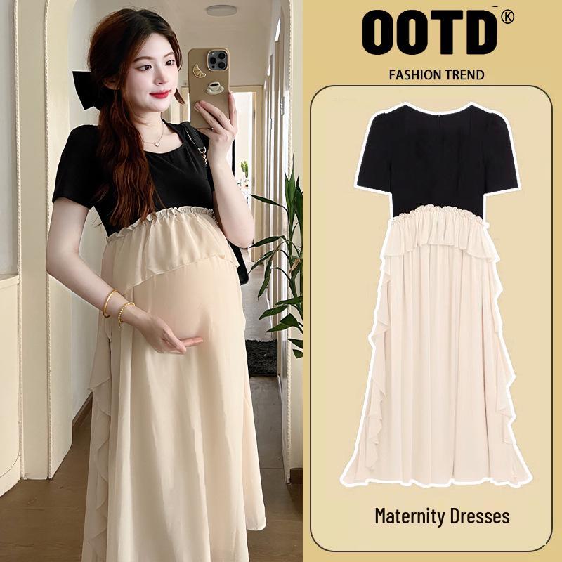 2026 Korean Style Summer Maternity Dress - Sweet, Loose, Patchwork, Fake Two-Piece Design