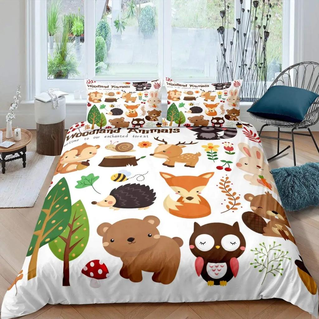 Bettbezug Tiere Cartoon Eichhörnchen Frühlingswiese Wald Fauna Schlafzimmer Dekorativ für Kinder Jungen Mädchen Geschenk Queen Size