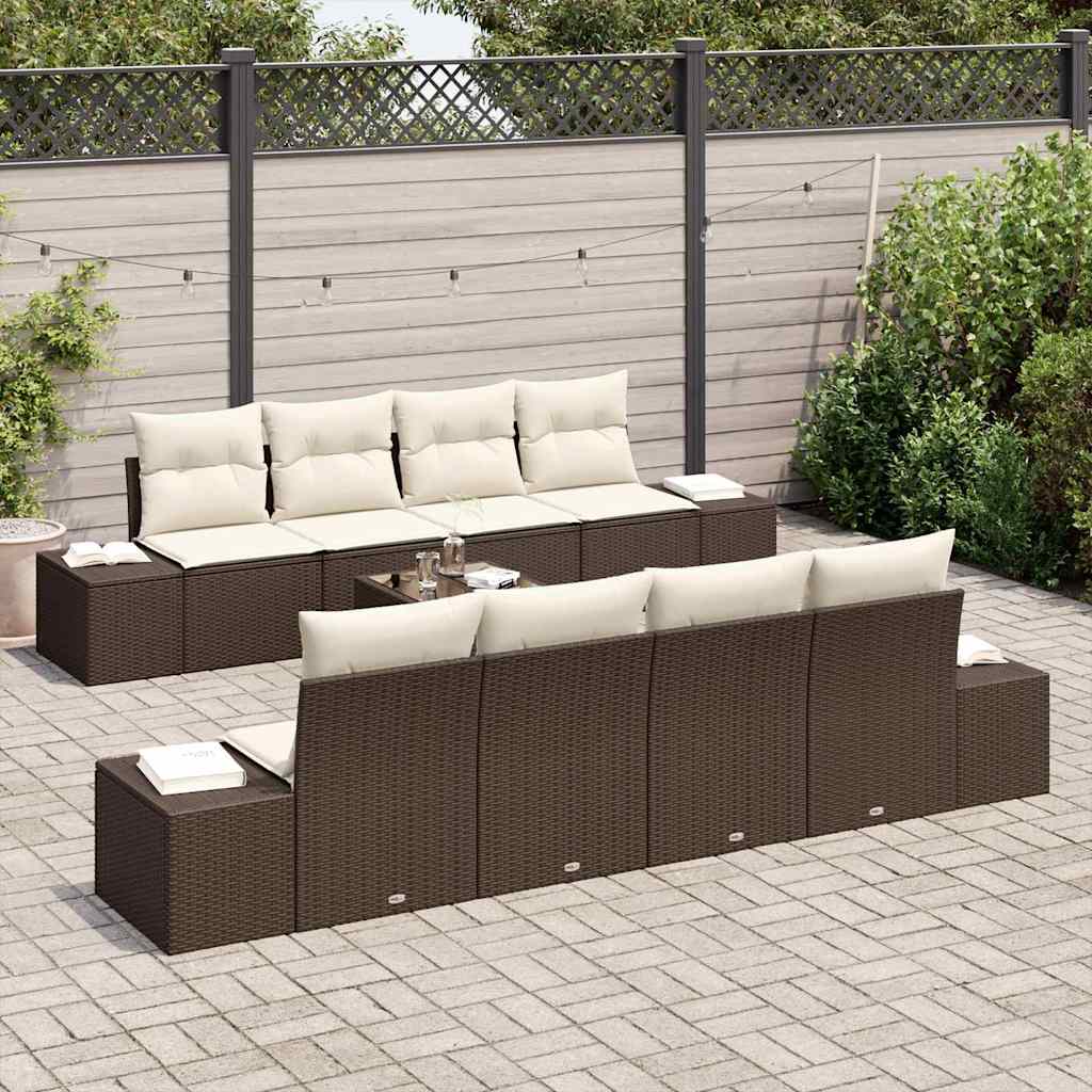 7 Piece Sofa Set with Cushions in Brown and Cream Poly Rattan