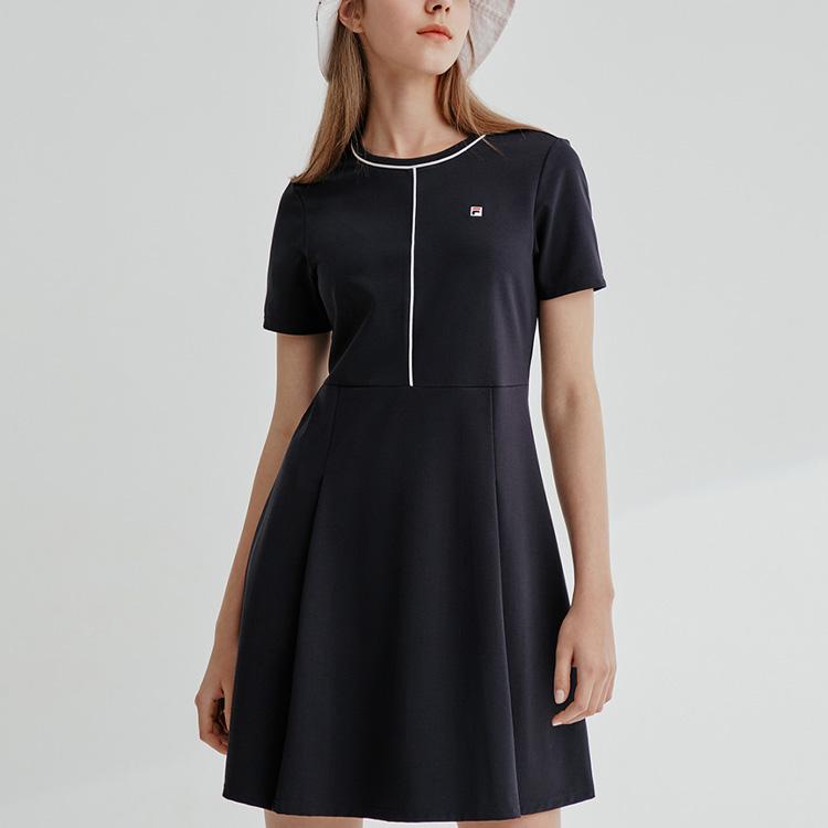 Fila Logo Solid Color Loose Fashion Casual Sports Pullover Round Neck Short Sleeve Dress Women Dresses Legendary-Blue F11W028304GNV