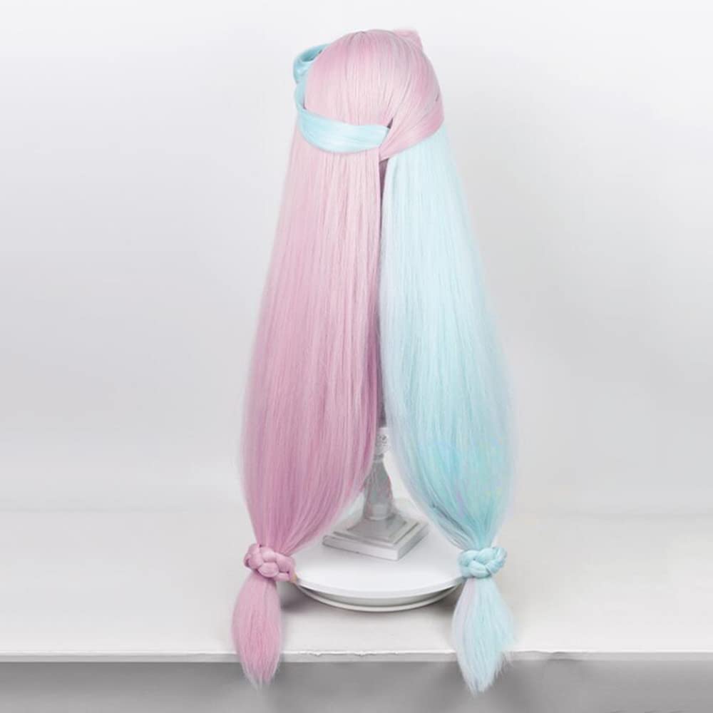 Cosplay wig with net, long, green and pink, heat-resistant wig