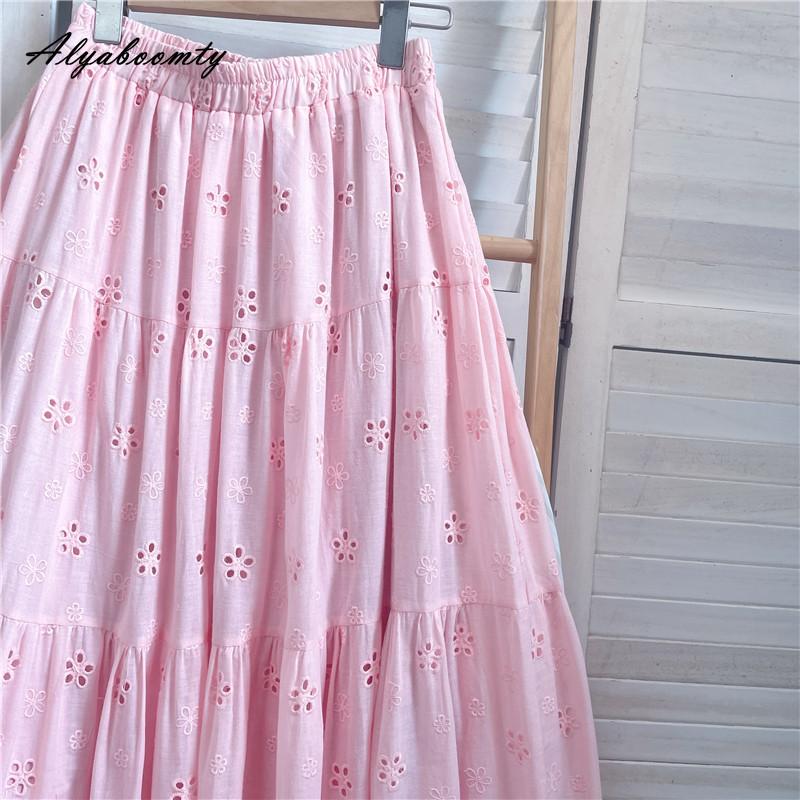 Mori Girl Spring Summer Women Pink Midi Skirt Elastic Waist Embroidery Sweet Chic Skirt Hollow Out Elegant Feminine Skirts