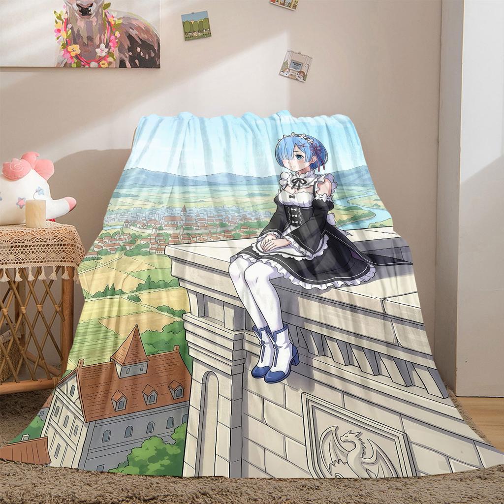 ReZero Chic 2D Print Flannel Blanket, Cartoon Character Decor for Bed, Warm Sofa Travel Nap Blanket_LIAN