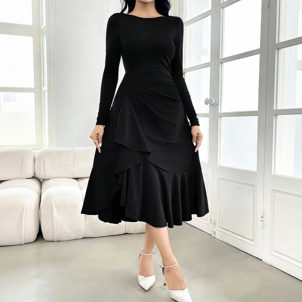 Women's Elegant Long Sleeve Round Neck Slim Fit Evening Dress for Formal Occasions