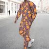 Men Orange Color Block Leopard Pumpkin Sunflower Print Long Sleeve Sweatshirt Jogger Pants Two Piece Suit