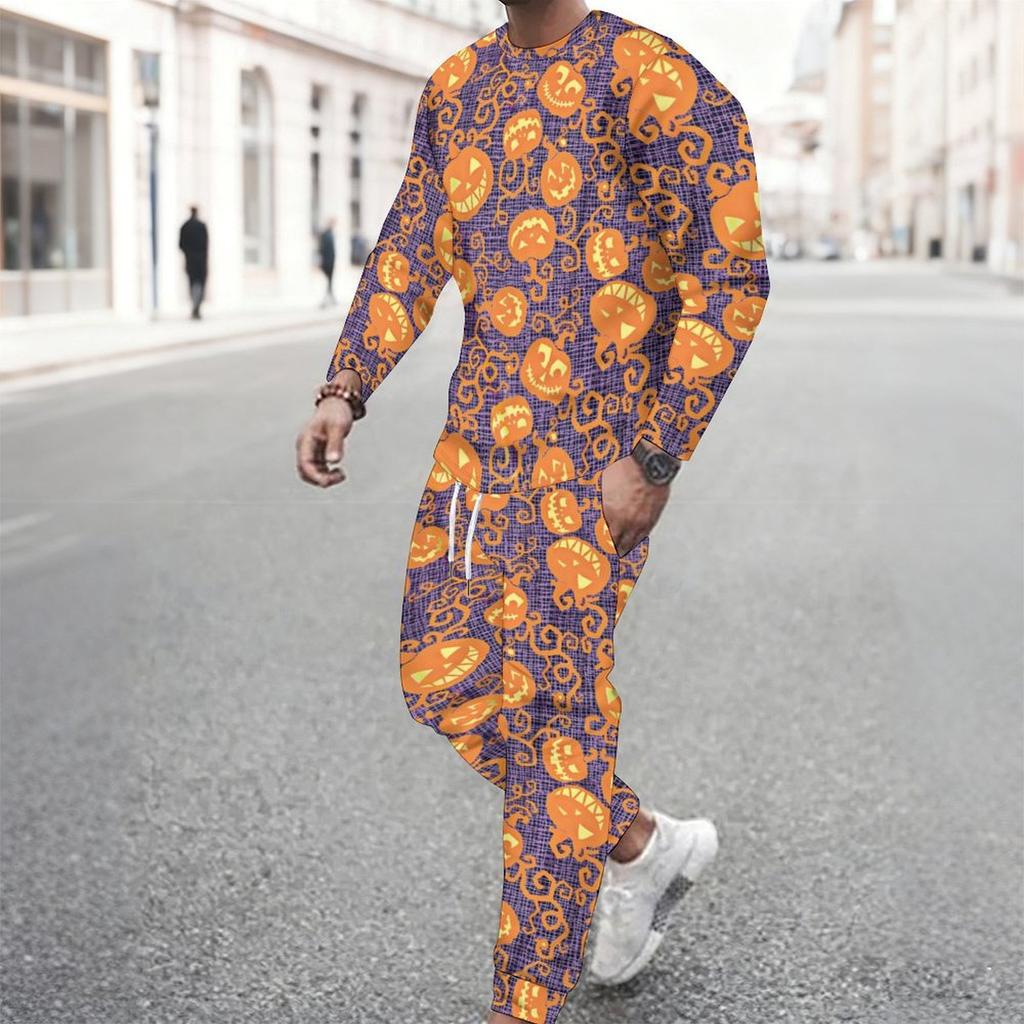 Men Orange Color Block Leopard Pumpkin Sunflower Print Long Sleeve Sweatshirt Jogger Pants Two Piece Suit