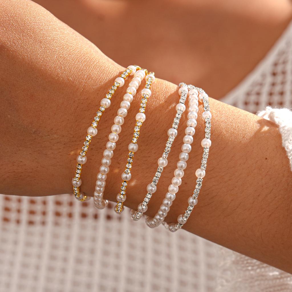 Light Luxury Style Diamond-set Imitation Pearl Beaded Three-layer Open Bracelet Fashion Baroque Jewelry