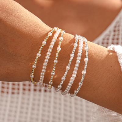 Light Luxury Style Diamond-set Imitation Pearl Beaded Three-layer Open Bracelet Fashion Baroque Jewelry