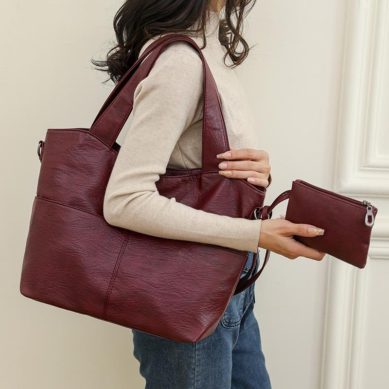 Pu Women's Bag New Fashion European and American Retro Tote Bag Casual Shoulder Crossbody Bag Large Capacity Mother and Child Bag Two-piece Set