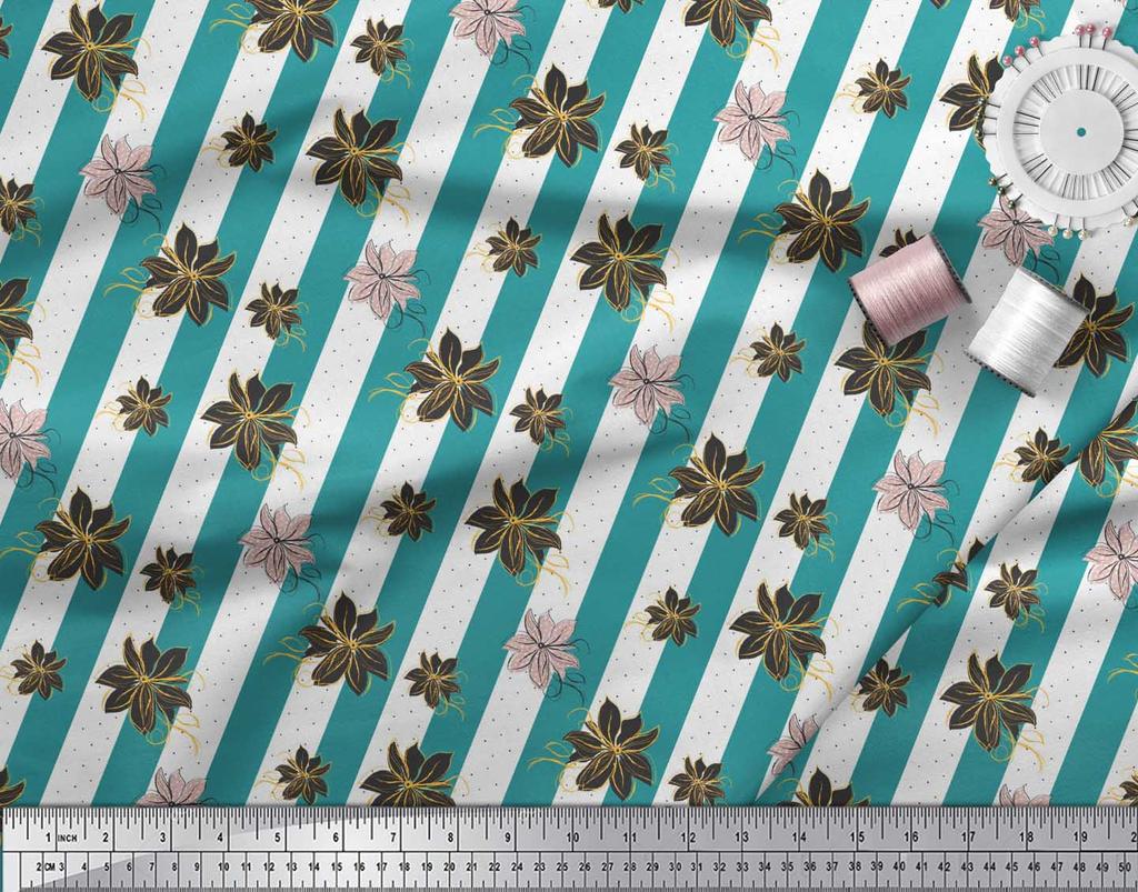 Soimoi Grey Japan Crepe Satin Fabric Stripe & Clematis Floral Print Sewing Fabric metre 42 Inch