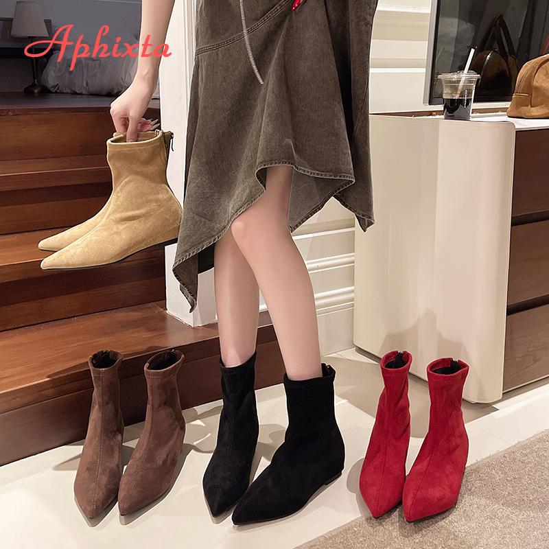 Aphixta Suede Upper Woman Modern Boots 5cm Height Increasing Short Boots Shoes Sexy Pointed Toe Black Zipper Concise Ankle Boot