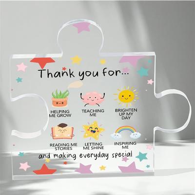 Heart Acrylic Thank You Gift with Gratitude Message - Teacher Appreciation Award, Puzzle-Shaped Desk Decor, "Helping Me Grow, Brighten My Day, Inspir