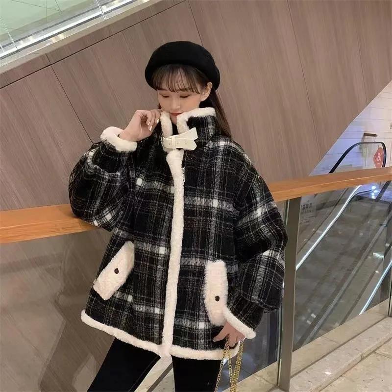 

Плюс Бархатное Толстое Пальто Женское Осенне-Зимнее Плюшевое Ретро Клетчатое Шерстяное Пальто Топ с Длинным Рукавом XS чёрный