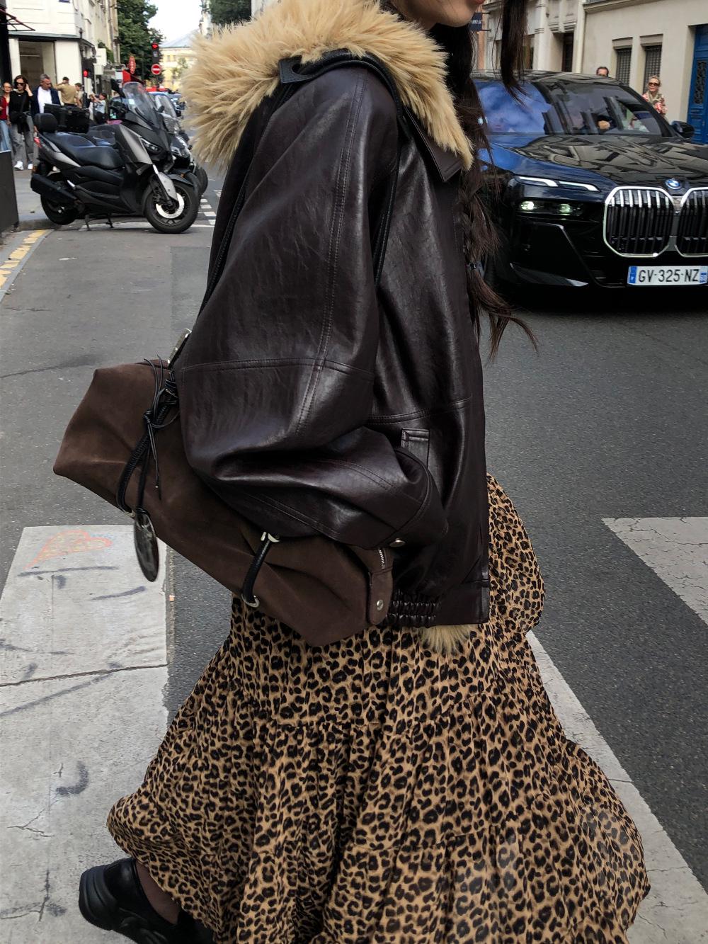 Korean Chic Leopard Print A-Line Pleated Skirt - Versatile Lazy Style for Early Spring & Autumn One Size