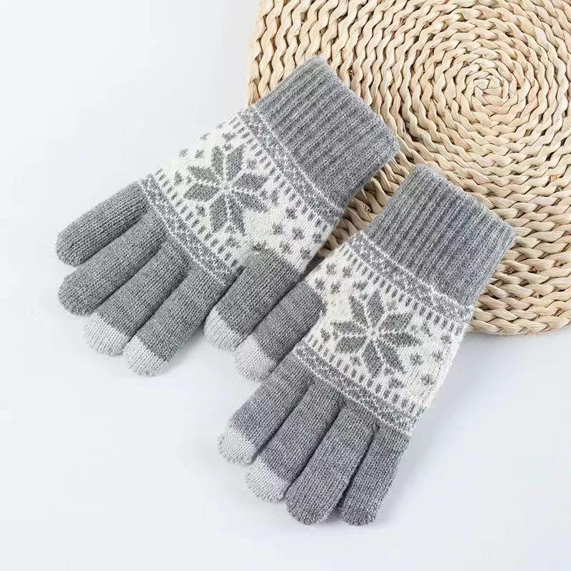 Autumn and Winter Woolen Thickened Inner Brushed Jacquard Knitted Touch Screen Warm Korean Style Velvet Student Cycling Gloves