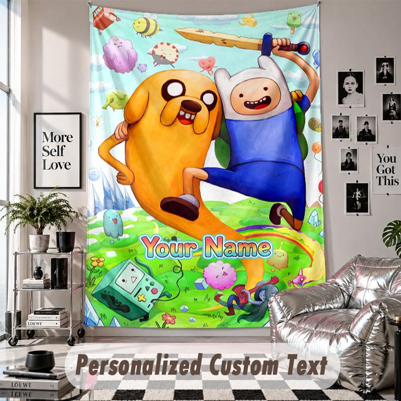 Wall Hanging Tapestry With Custom Name & Text, Adventure Time cartoon Decorative Tapestry For Bedroom