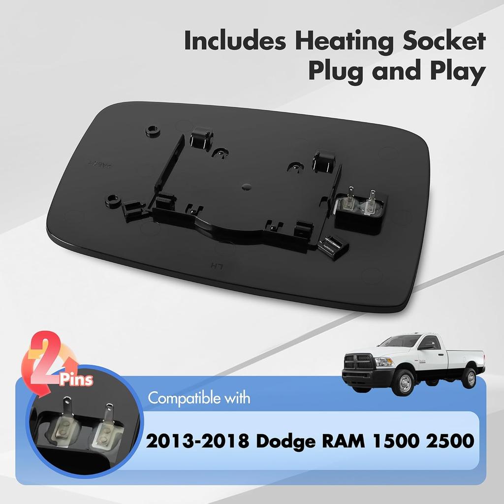 Compatible With Dodge Ram 1500 2500 Driver Side Mirror Glass, 2013 2014 2015 2016 2017 2018 - Left Side Replacement Tow Mirrors, Power Heated,