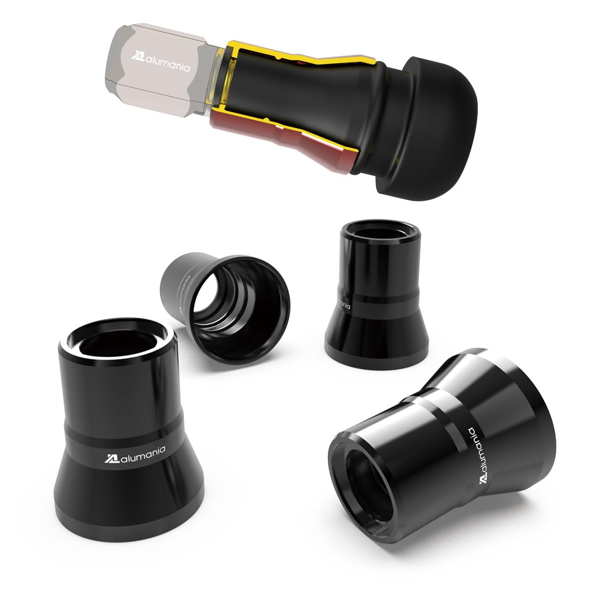 alumania Air Valve Stem Full Aluminum Rubber Air Valve Protection for Automotive Set of 4 Cover, Black, Billet, Wheels, VU-003-SS-BK, чёрный