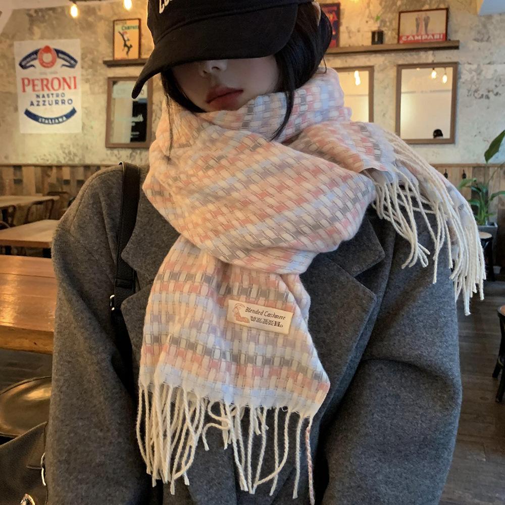 Rainbow Plaid Scarf for Women Winter Korean Version Sweet Soft Girl Student Versatile High End Scarf Thickened Warm Shawl