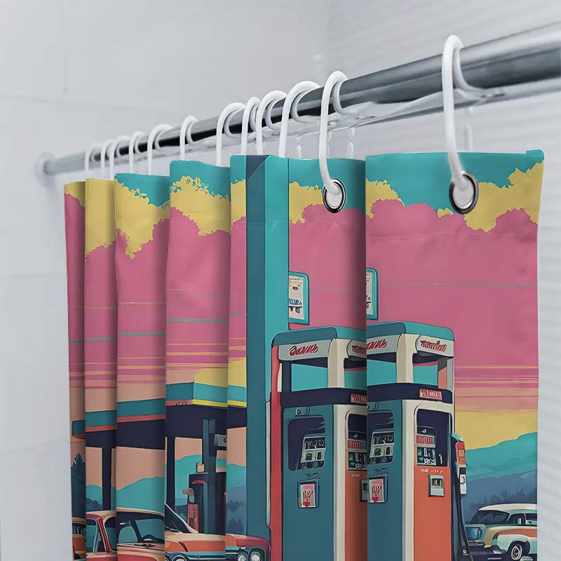 Vintage Car Gas Station Shower Curtain Artistic Illustration Home Decor For Stylish Home Upgrade Waterproof Durable Easy-Clean