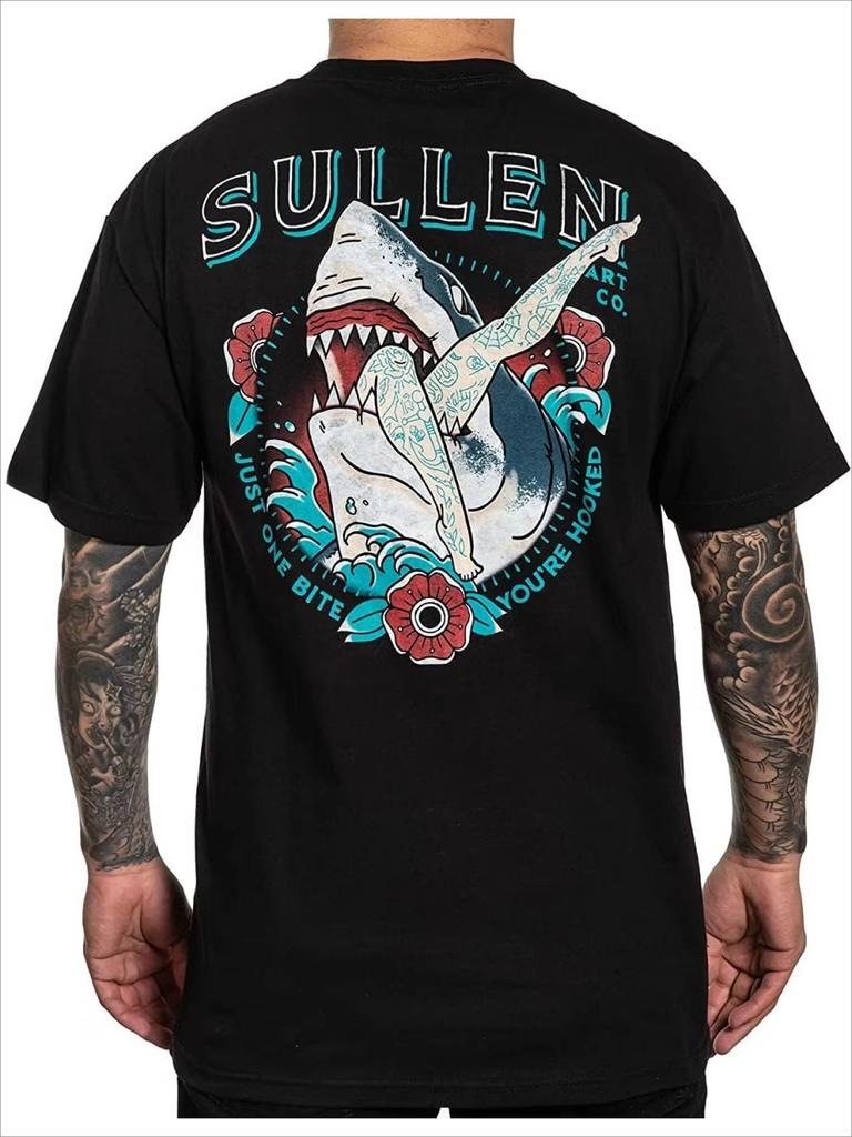 2026 Summer Old School Tattoo Shark Wave Circle Graphic Print T Shirt Retro Surfer Oversized Black Short Sleeve Tee
